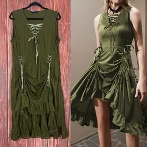 SCARLET DARKNESS Womens Solid Green Renaissance Style Midi Lace Up Dress Sz 2XL